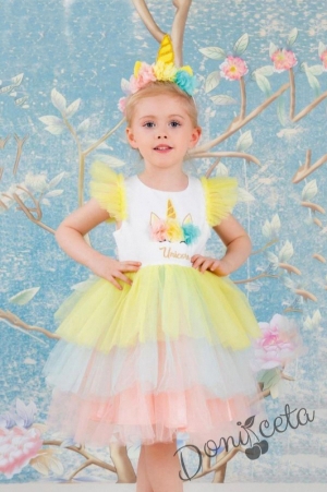 Детска рокля с къс ръкав с Пони/Еднорог в бяло с многоцветен тюл 4322254