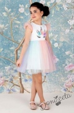 Детска рокля с къс ръкав с Пони/Еднорог в бяло с многоцветен тюл 4576866