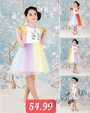 Детска рокля с къс ръкав с Пони/Еднорог в бяло с многоцветен тюл 4576866