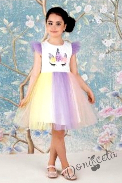 Детска рокля с къс ръкав с Пони/Еднорог в бяло с многоцветен тюл 477533