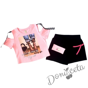 Детски комплект от пола/панталон и тениска в розово