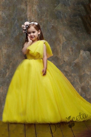 Официална детска дълга рокля Ница в жълто с шлейф от тюл 