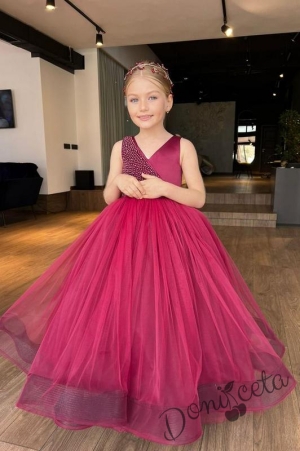 Официална детска дълга рокля в бордо с аксесоар за коса