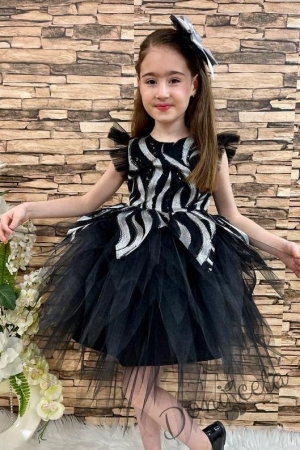 Официална детска рокля в черно и сребристо и панделка за коса