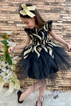 Официална детска рокля в черно и златисто с тюл и панделка за коса