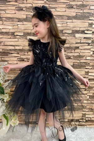 Официална детска рокля в черно с богат тюл и панделка за коса