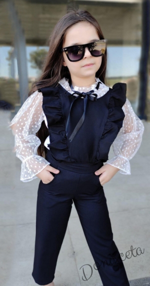 Детски комплект за момиче от гащеризон в черно и блуза в бяло