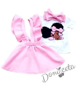 Детски комплект от тениска в бяло, сукман в розово и лента за коса