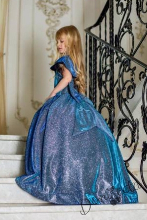 Официална дълга детска рокля в синьо с блясък и обръч