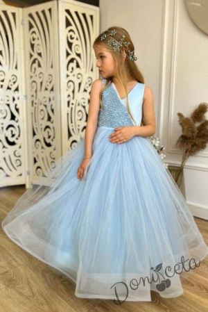 Официална детска дълга рокля Мираж в светлосиньо с аксесоар за коса