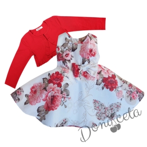 Комплект от детска рокля в бяло с цветя в червено тип клош с болеро в червено 956575
