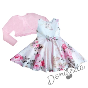 Официална или ежедневна детска рокля на цветя тип клош с болеро в розово 988665