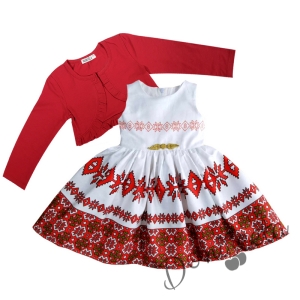 Детска рокля без ръкав с фолклорни/етно мотиви тип носия с болеро в червено