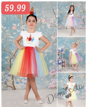Детска рокля с къс ръкав с Пони/Еднорог в бяло с многоцветен тюл 456572