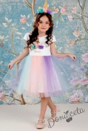 Детска рокля с къс ръкав с Пони/Еднорог в бяло с многоцветен тюл 4499355