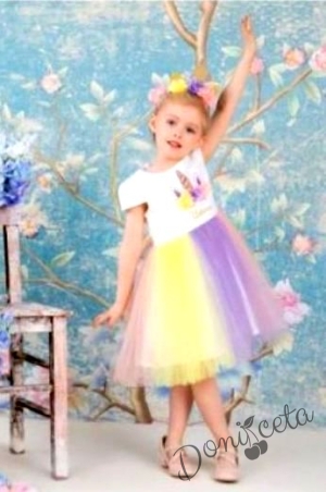 Детска рокля с къс ръкав с Пони/Еднорог в бяло с многоцветен тюл 4965876