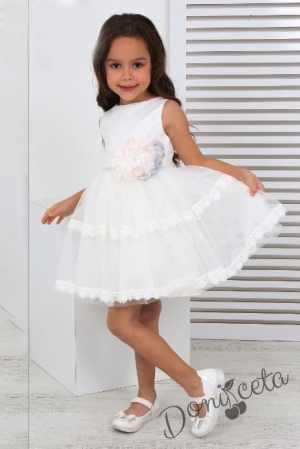 Официална детска рокля без ръкав в бяло с тюл
