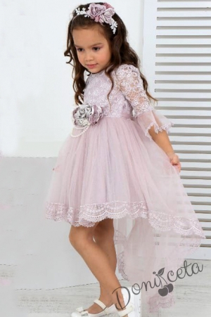 Официална детска рокля в лилаво с 3/4 ръкав с тюл и диадема