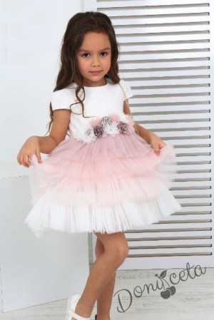 Официална детска рокля без ръкав в бяло с многоцветен тюл и чантичка