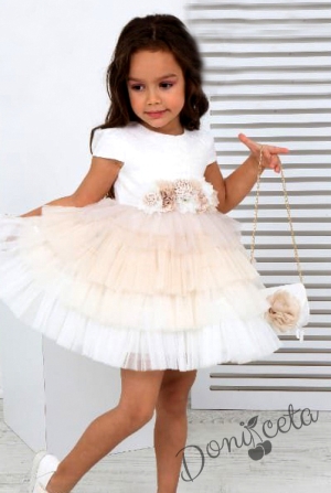 Официална детска рокля без ръкав в бяло с чантичка и многоцветен тюл