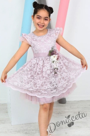 Официална детска рокля от дантела без ръкав в лилаво с чантичка 
