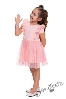 Ежедневна детска рокля с къс ръкав в розово с къдрички 9767655