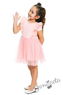 Ежедневна детска рокля с къс ръкав в прасковено с къдрички 933455
