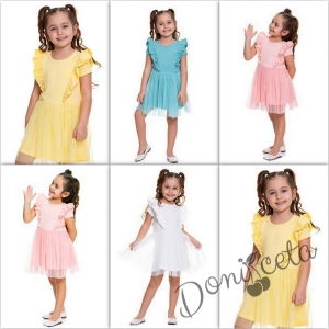 Ежедневна детска рокля с къс ръкав в прасковено с къдрички 933455