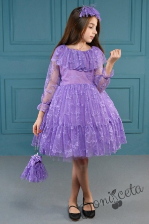 Официална детска рокля в лилаво от дантела с чантичка и панделка за коса