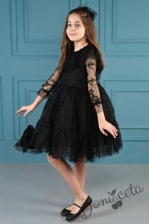 Официална детска рокля в черно от дантела с чантичка и панделка за коса