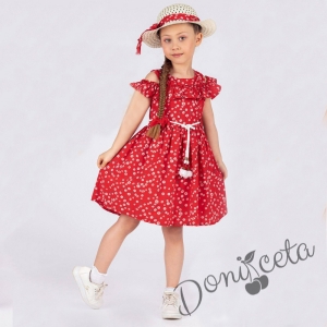 Ежедневна детска рокля с къс ръкав в червено на цветя с шапка