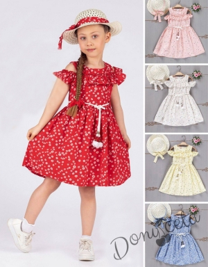 Ежедневна детска рокля с къс ръкав в светлосиньо на цветя с шапка