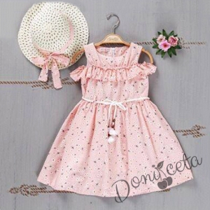 Ежедневна детска рокля с къс ръкав в розово на цветя с шапка