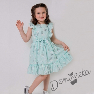 Ежедневна детска рокля с къс ръкав в тюркоаз/мента на цветя 954644