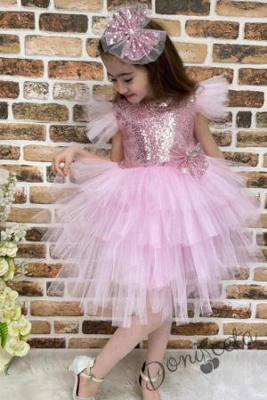 Детска официална рокля в розово от пайети и тюл на пластове с панделка за коса
