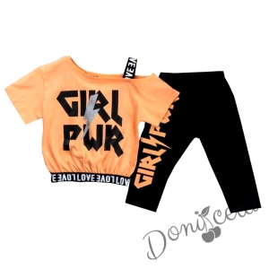 Комплект за момиче от тениска в неоново оранжево и къс клин в черно