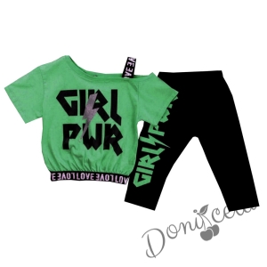 Комплект за момиче от тениска в зелено и къс клин в черно
