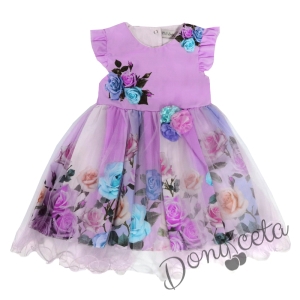 Ежедневна детска рокля с къс ръкав в лилаво на цветя с тюл 957685