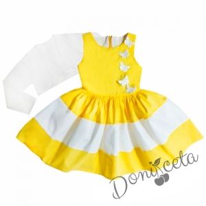 Комплект от детска рокля без ръкав  в жълто с пеперуди в бяло и болеро в бяло