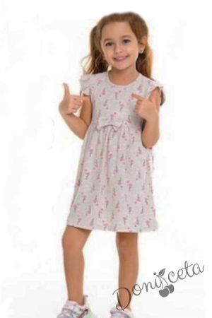 Ежедневна детска рокля с къс ръкав в сиво с фламинго