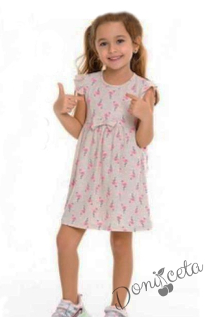 Ежедневна детска рокля с къс ръкав в бежово с фламинго