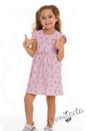 Ежедневна детска рокля с къс ръкав в розово с фламинго
