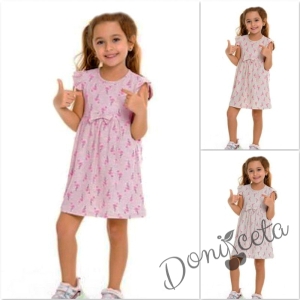 Ежедневна детска рокля с къс ръкав в бежово с фламинго