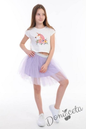 Детски комплект от тениска в бяло с Пони/Еднорог и пола в лилаво с тюл