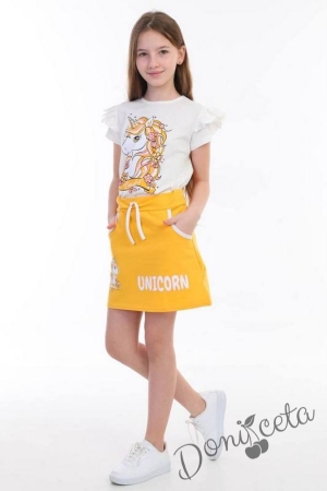 Детски комплект от тениска в бяло с Пони/Еднорог и пола в горчица