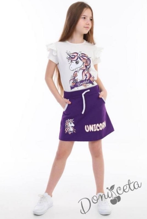 Детски комплект от тениска в бяло с Пони/Еднорог и пола в лилаво