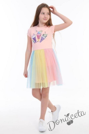 Ежедневна детска рокля в прасковено с Еднорог и тюл