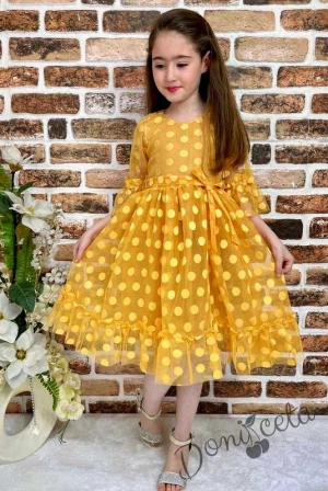 Детска рокля с 7/8 ръкав в горчица на точки с коланче 4424325