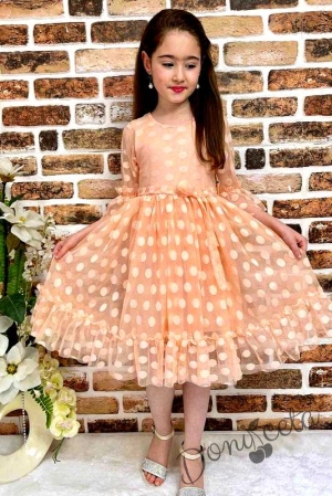 Детска рокля с 7/8 ръкав в прасковено на точки с коланче 4464545