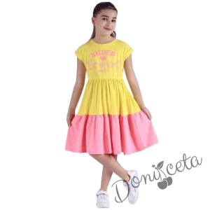 Ежедневна детска рокля с къс ръкав в жълто и розово